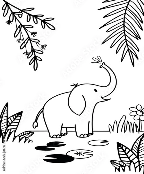 Fototapeta Playful Elephant Spraying Water Line Art Coloring Page