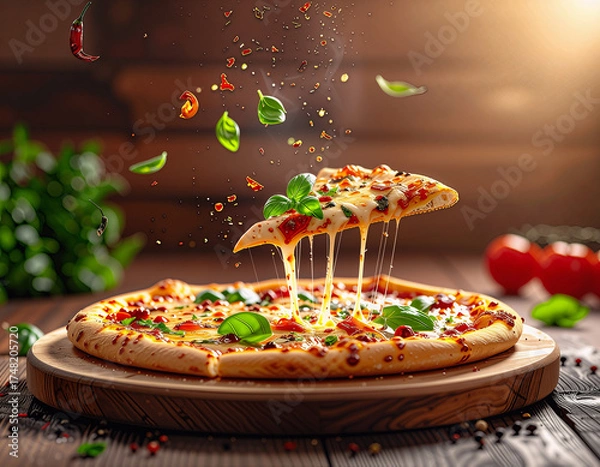 Obraz Gooey Cheesy Pizza With Fresh Basil On Wooden Board, Melting Mozzarella Stretching Delight, Hot And Aromatic