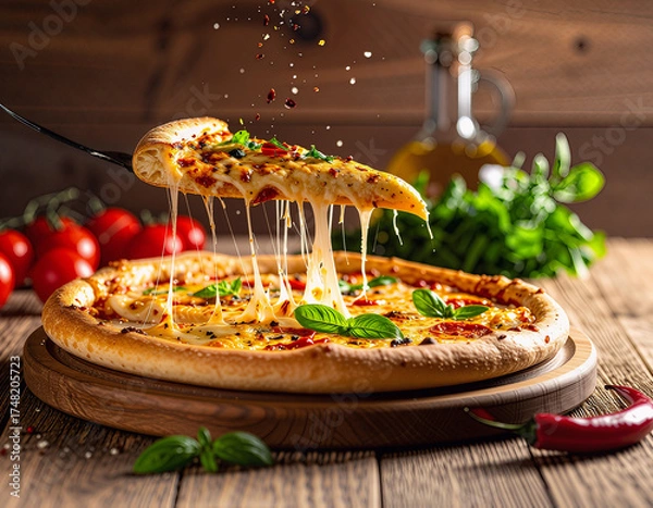 Obraz Gooey Cheesy Pizza With Fresh Basil On Wooden Board, Melting Mozzarella Stretching Delight, Hot And Aromatic