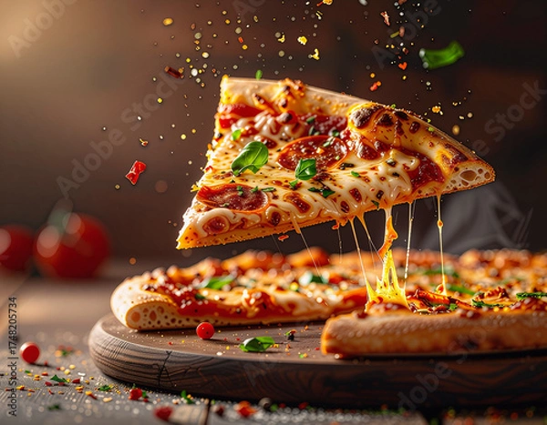 Obraz Gooey Cheesy Pizza With Fresh Basil On Wooden Board, Melting Mozzarella Stretching Delight, Hot And Aromatic