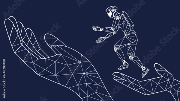 Fototapeta Digital representation of robot figure in dynamic pose, emerging from stylized hands, symbolizing support and innovation