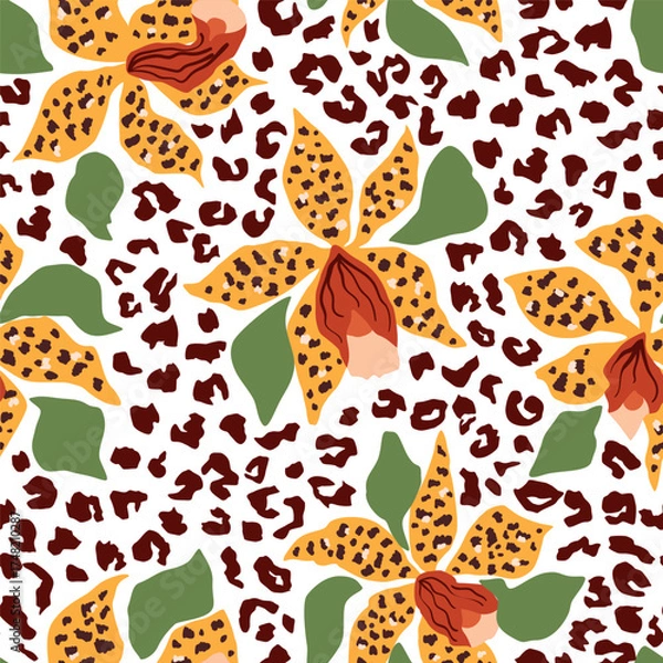 Fototapeta Tropical hybrid leopard skin and floral seamless pattern. Abstract yellow flowers, animal skin print. Summer beach textile design, wild repeat background, surface, fabric, jungle wallpaper in vector.