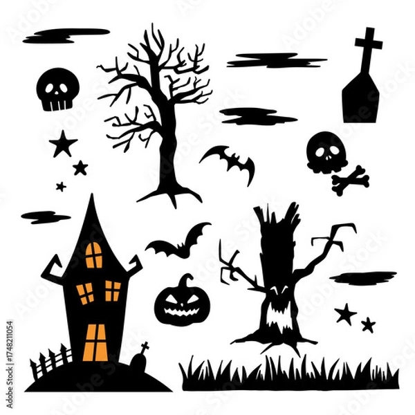 Obraz Halloween vector illustration set with haunted house, bats, pumpkins, and spooky trees