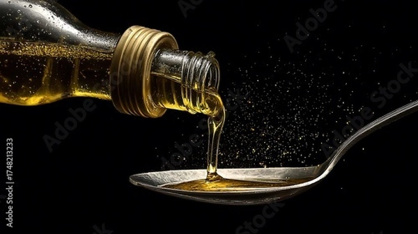 Fototapeta Golden liquid poured from a bottle into a spoon with sparkles