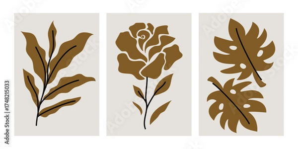 Fototapeta Botanical doodle background. Trendy abstract floral art vector set. Matisse style minimalist botanical shape. Modern boho flower, leaves doodle design for print, wallpaper, wall art, home decoration. 