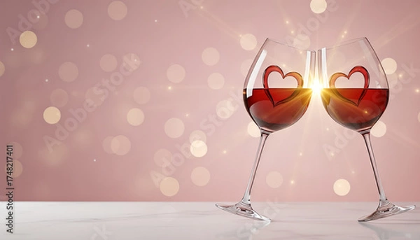 Fototapeta Two glasses of red wine with heart decorations celebrating Valentine's Day, place for text  