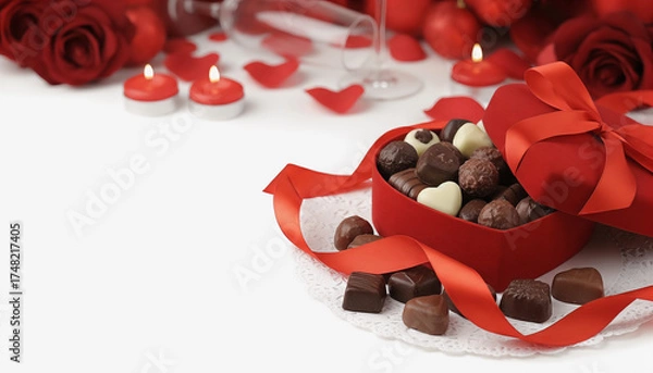 Fototapeta Gift box of chocolates with red roses and candles for Valentine's Day, place for text  