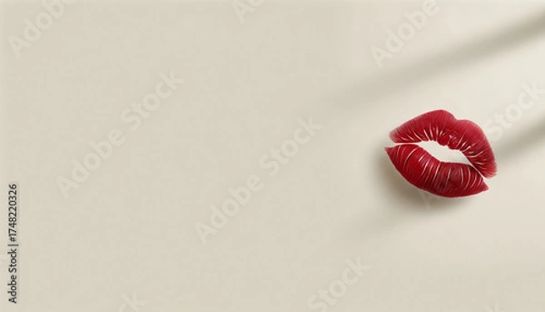 Fototapeta Red lipstick kiss mark on a neutral background for Valentine's Day, space for text  