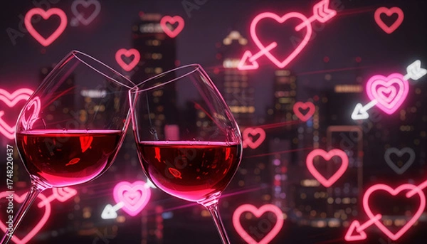 Fototapeta Two wine glasses clinking with heart symbols in urban night background, Valentine's Day, space for text  