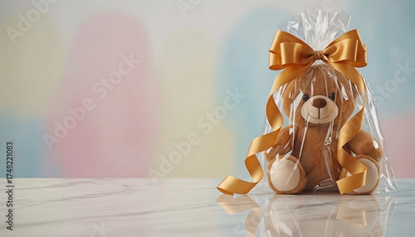 Fototapeta Teddy bear gift wrapped with ribbon on a colorful background, Valentine's Day, space for text