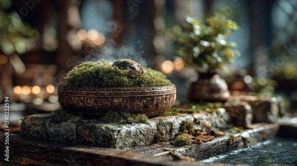 Fototapeta Tranquil miniature landscape with moss, stone and calming water flow