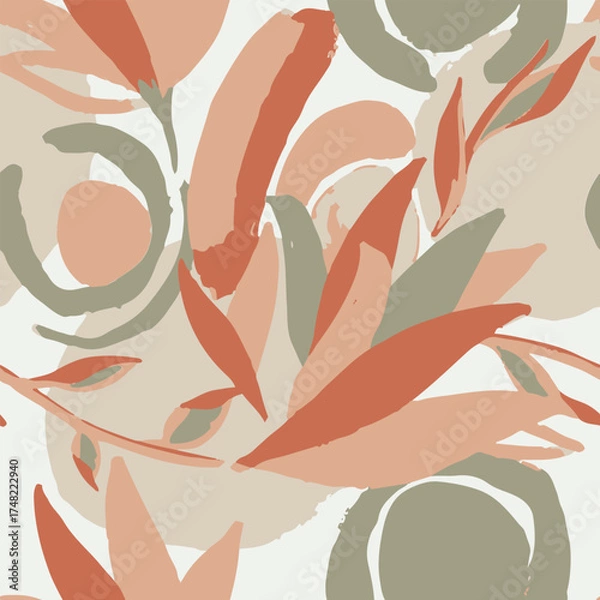 Fototapeta Modern abstract foliage seamless pattern. organic leaf shapes and brushstroke textures in earthy terracotta, beige, and sage tones. textile prints, wallpaper, packaging, contemporary surface design