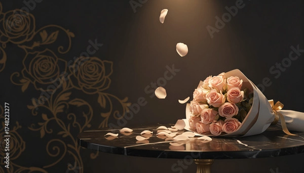 Fototapeta Romantic bouquet of pink roses with falling petals on dark table, Valentine's Day, space for text  