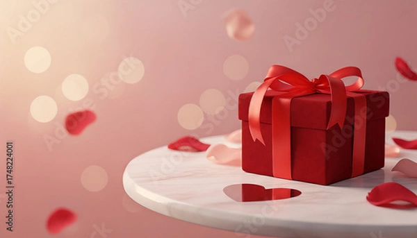 Fototapeta Red gift box with ribbon on white table surrounded by rose petals for Valentine's Day, space for text  