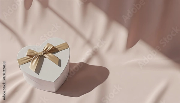 Fototapeta White heart-shaped gift box with gold ribbon on soft pink fabric, Valentine's Day, space for text  