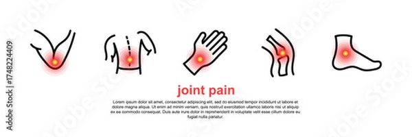 Fototapeta Set of vector icons depicting joint pain. Medical symbols for back, knee, arm, leg, and spine pain. Healthcare and anatomy concept on white background.