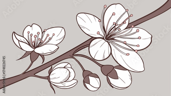 Obraz Botanical illustration of cherry blossoms on a branch graphic design.
