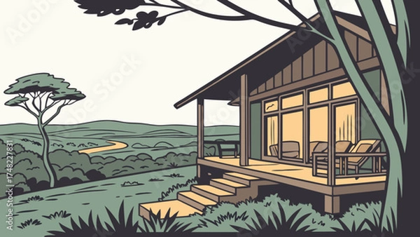 Obraz Cabin in the Wilderness Vector Illustration of a Retreat Nature Escape Scenic View.