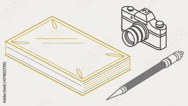Obraz Camera Notebook and Pen Illustration.