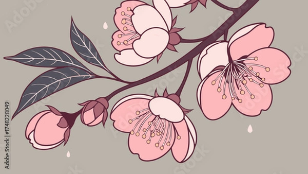 Obraz Cherry Blossom Illustration on Grey Background.