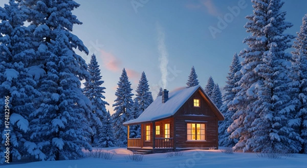 Fototapeta Cozy Wooden Cabin in Snowy Pine Forest at Twilight