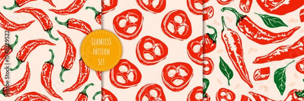 Fototapeta Pepper pattern set. Seamless print hot chili peppers, abstract  chili, bell, jalapeno and cayenne vegetables, food backgrounds for fabric, wrapping paper. Vector texture collection