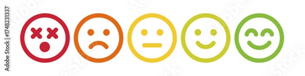 Fototapeta Mood Scale Icon Set, Five-Emoji Emotion Rating from Angry to Happy, Colorful Vector Feedback Illustration for Surveys.