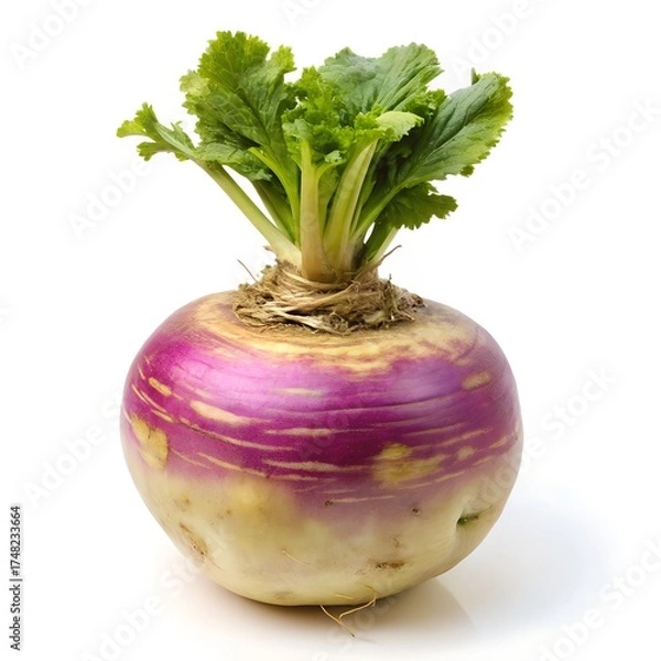 Obraz Fresh Turnip Vegetable with Green Leaves on White Background