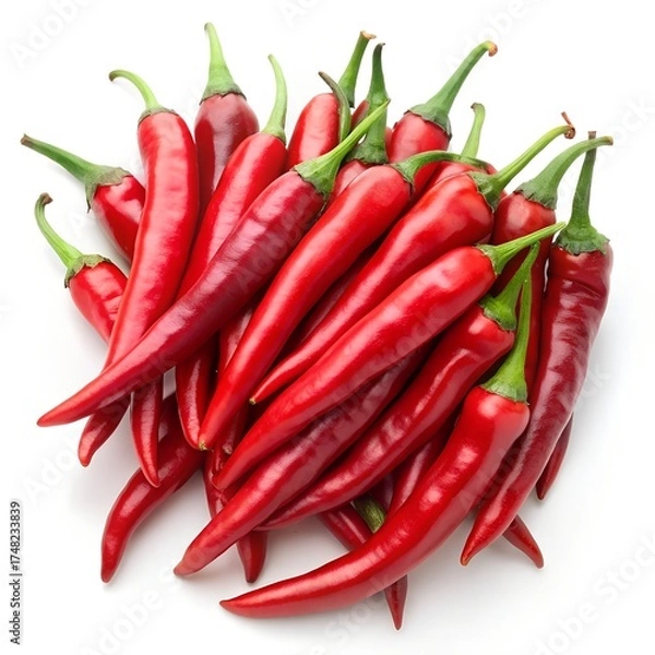 Obraz Group of Red Chili Peppers with Green Stems on White