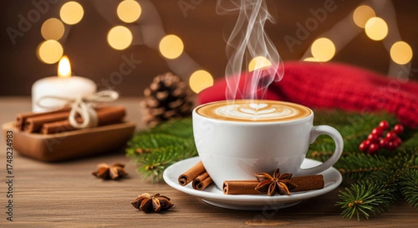 Fototapeta Christmas Cappuccino with Latte Art, Cinnamon, and Pine Sprigs