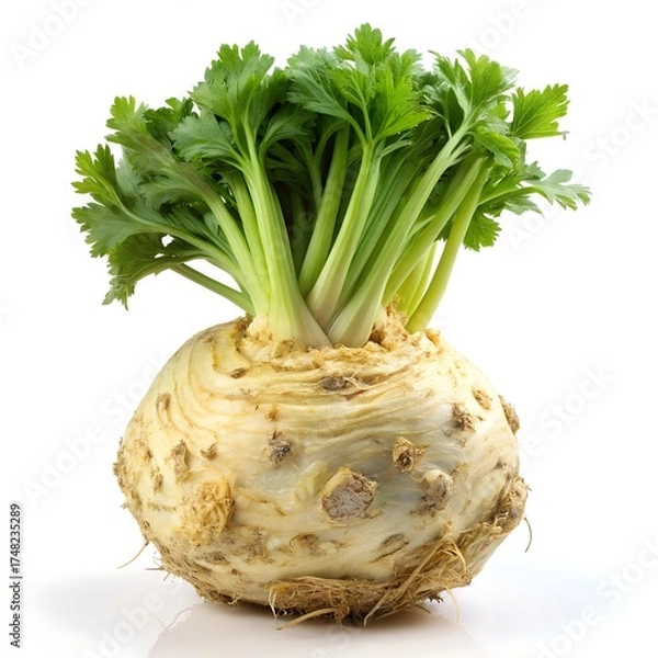 Obraz Celeriac Root with Green Stalks on White Background