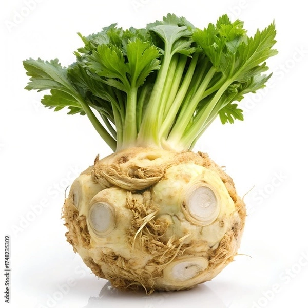 Obraz Celeriac Vegetable with Green Leaves on White Background
