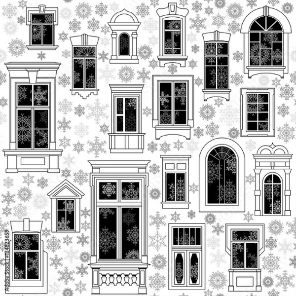 Fototapeta Seamless vector christmas pattern from different old windows and snowflakes inside and outside. White background, black windows and outline.