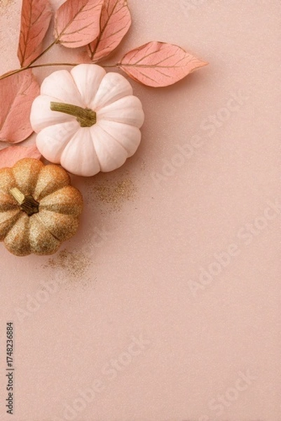 Obraz Soft blush pumpkins and golden leaves on pastel beige background, minimalist autumn flat lay with delicate glitter accents and copy space for Thanksgiving or seasonal banner design