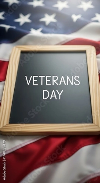 Fototapeta Veterans day message on chalkboard with american flag, honoring military service and sacrifice for freedom
