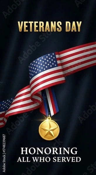 Obraz Veterans day honoring all who served with american flag ribbon and gold medal on dark background