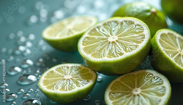 Fototapeta Fresh lime halves with water droplets, vibrant citrus refreshment