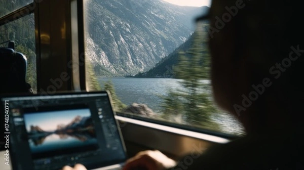 Obraz A candid, documentary-style photograph taken from the aisle of a train. A digital nomad is in the foreground, slightly out of focus, looking at his laptop screen. 