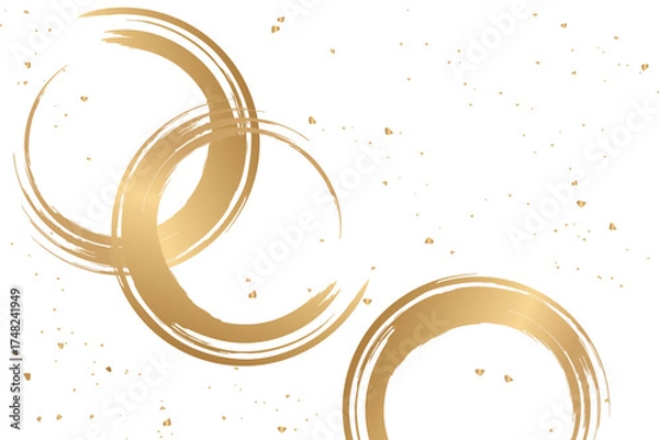 Fototapeta 金色の筆円と金箔が舞う和風モダン背景 ベクター素材｜黒背景に金の筆で描かれた円が重なる上品で高級感のある和デザイン 背景や年賀状、祝いデザインに使える抽象アート｜金,円,筆,和風,背景,ベクター