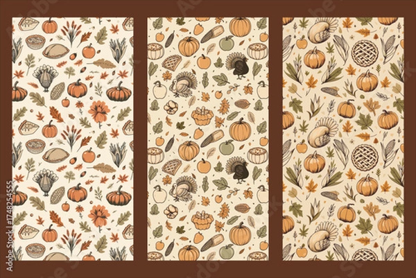 Fototapeta Thanksgiving seamless pattern set with pumpkins, turkey, pies and autumn harvest elements