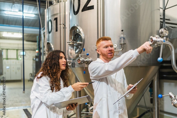 Fototapeta Two workers in lab coats inspecting stainless steel fermentation tanks, discussing quality control processes in a modern brewery