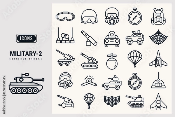 Fototapeta Collection of Military Themed Vector Icons for Design Projects White Background.