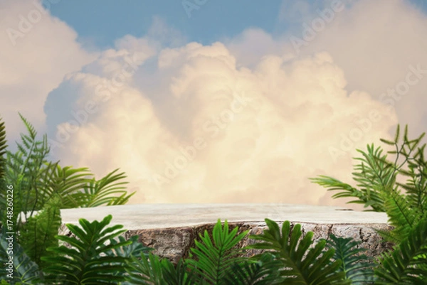 Fototapeta Wood table top podium with green leaves warm white clouds on blue sky nature forest background.Product present natural placement pedestal display,paradise dreamy concept.