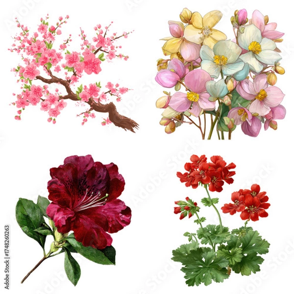 Fototapeta Watercolor floral set with different colorful flowers on transparent background
