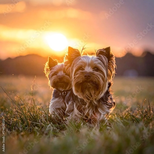 Obraz Two Yorkshire Terriers at sunset