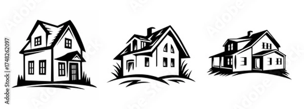 Fototapeta Hand drawn sketchy outlines of three charming houses buildings architectural designs