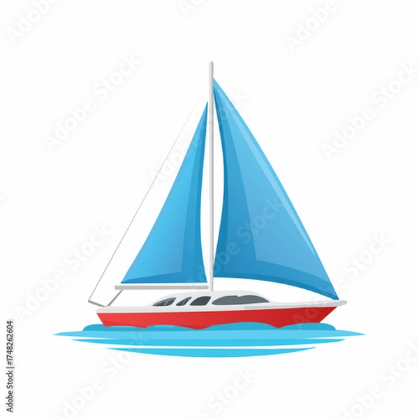 Obraz Illustration of a blue and red sailing yacht on the water with white background