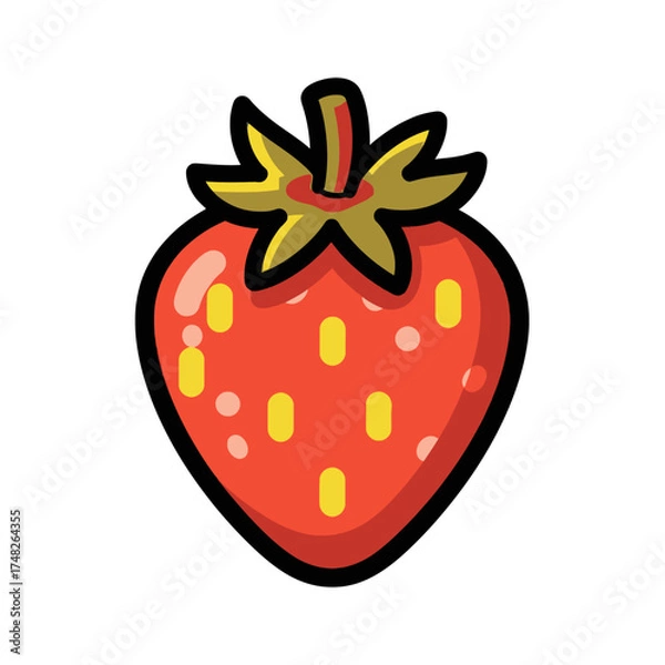 Fototapeta Vibrant Red Strawberry with Green Stem and Yellow Seeds.