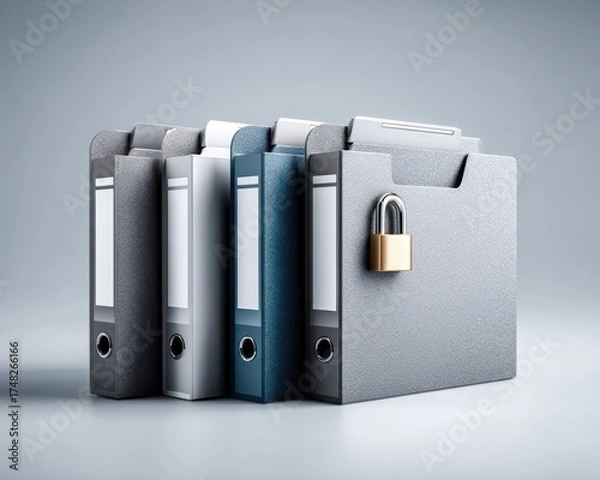 Fototapeta Secure Data Privacy Management Concept with Locked File Folders in Grey and Blue Tones on Left Side, Copy Space.