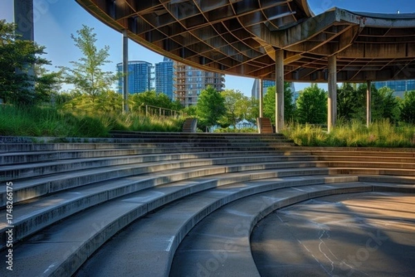 Fototapeta Concrete steps and metal canopy of a modern amphitheater in a city park, surrounded by green landscaping